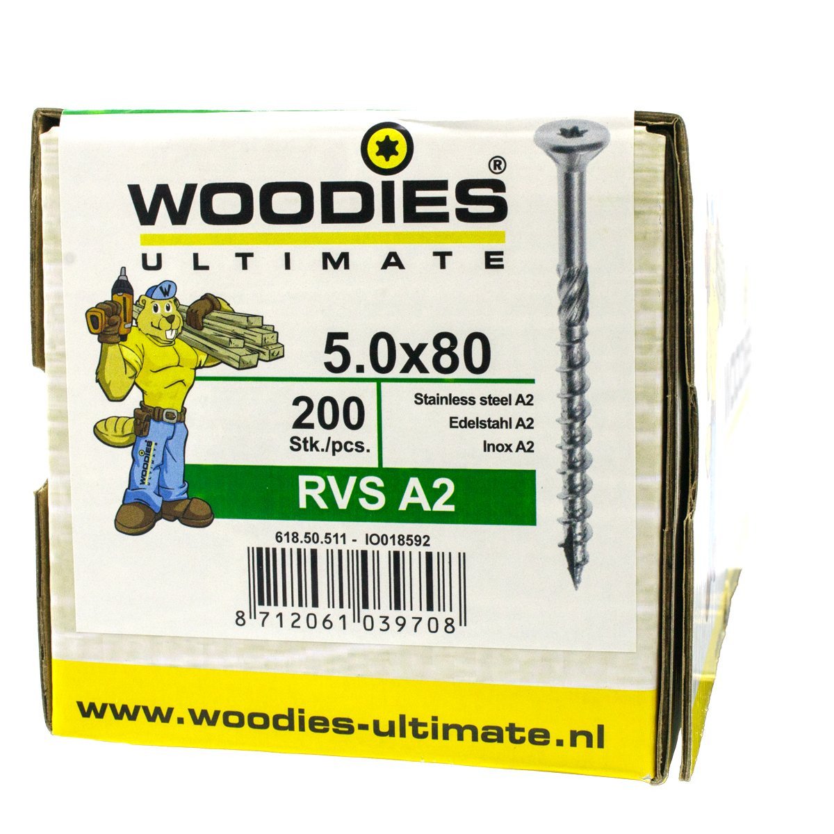 Alternatieve afbeelding voor Woodies schroeven RVS A2 TORX-25 platkop 5x80/50mm deeldraad 200 stuks