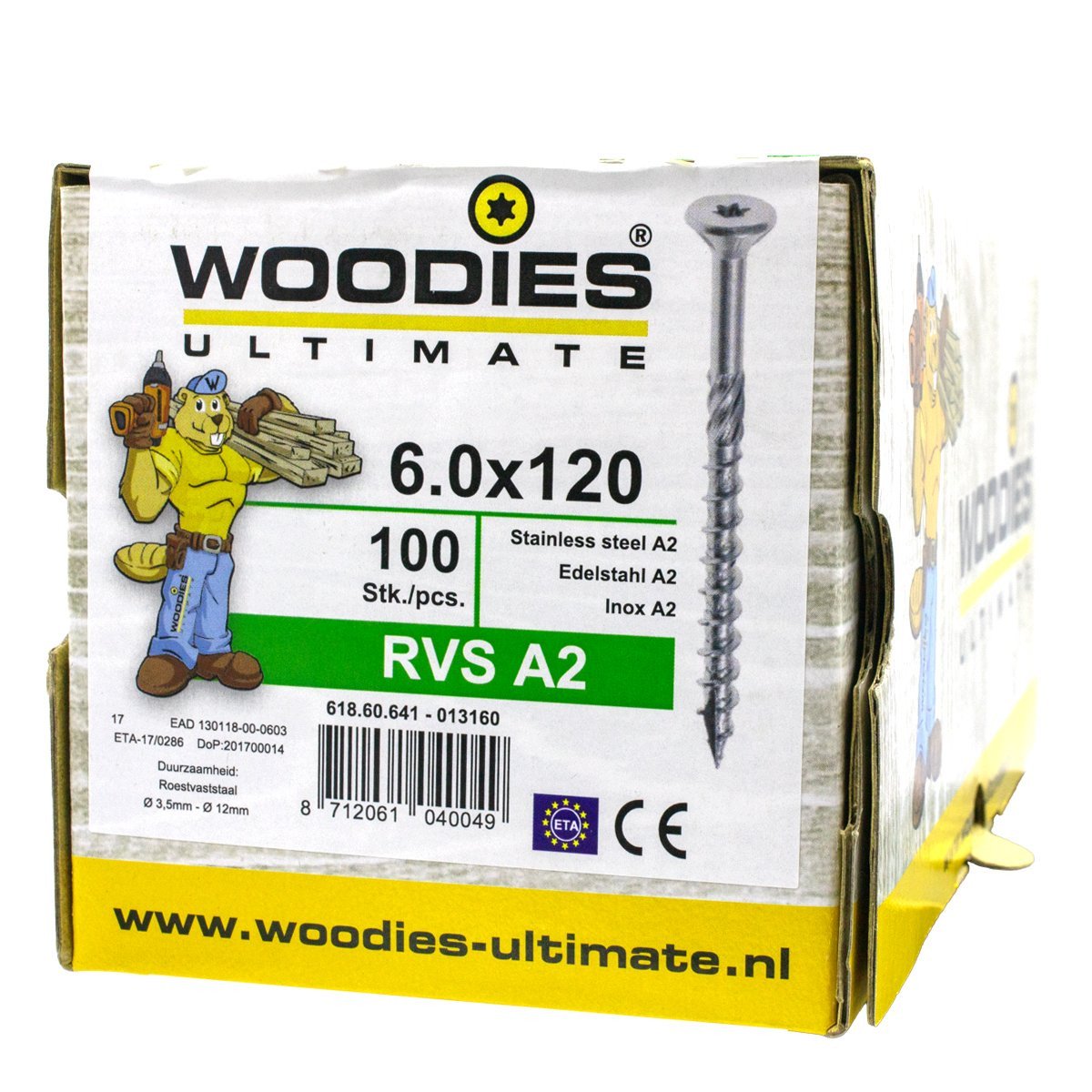 Alternatieve afbeelding voor Woodies schroeven RVS A2 TORX-30 platkop 6x120/70mm deeldraad 100 stuks