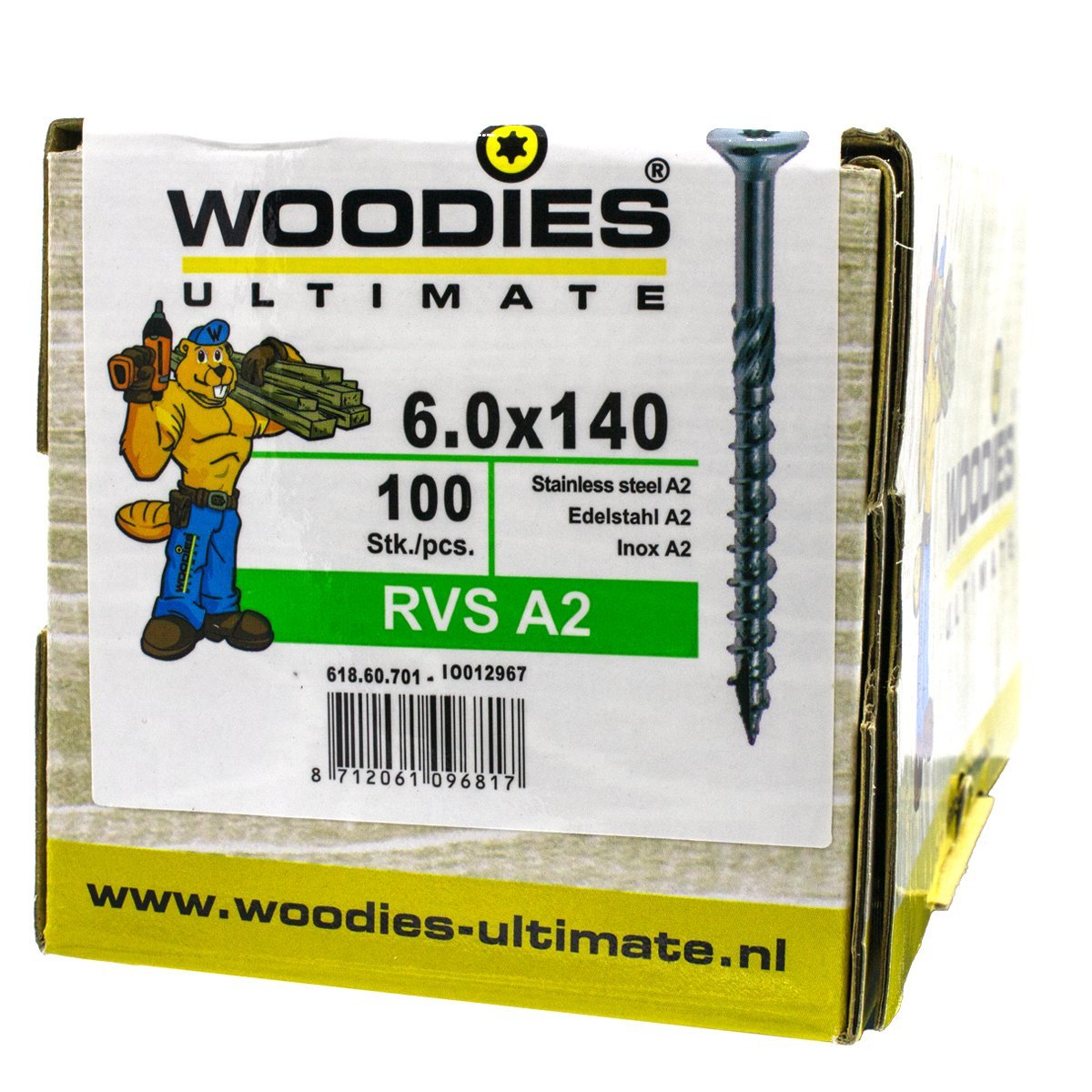 Alternatieve afbeelding voor Woodies schroeven RVS A2 TORX-30 platkop 6x140/70mm deeldraad 100 stuks