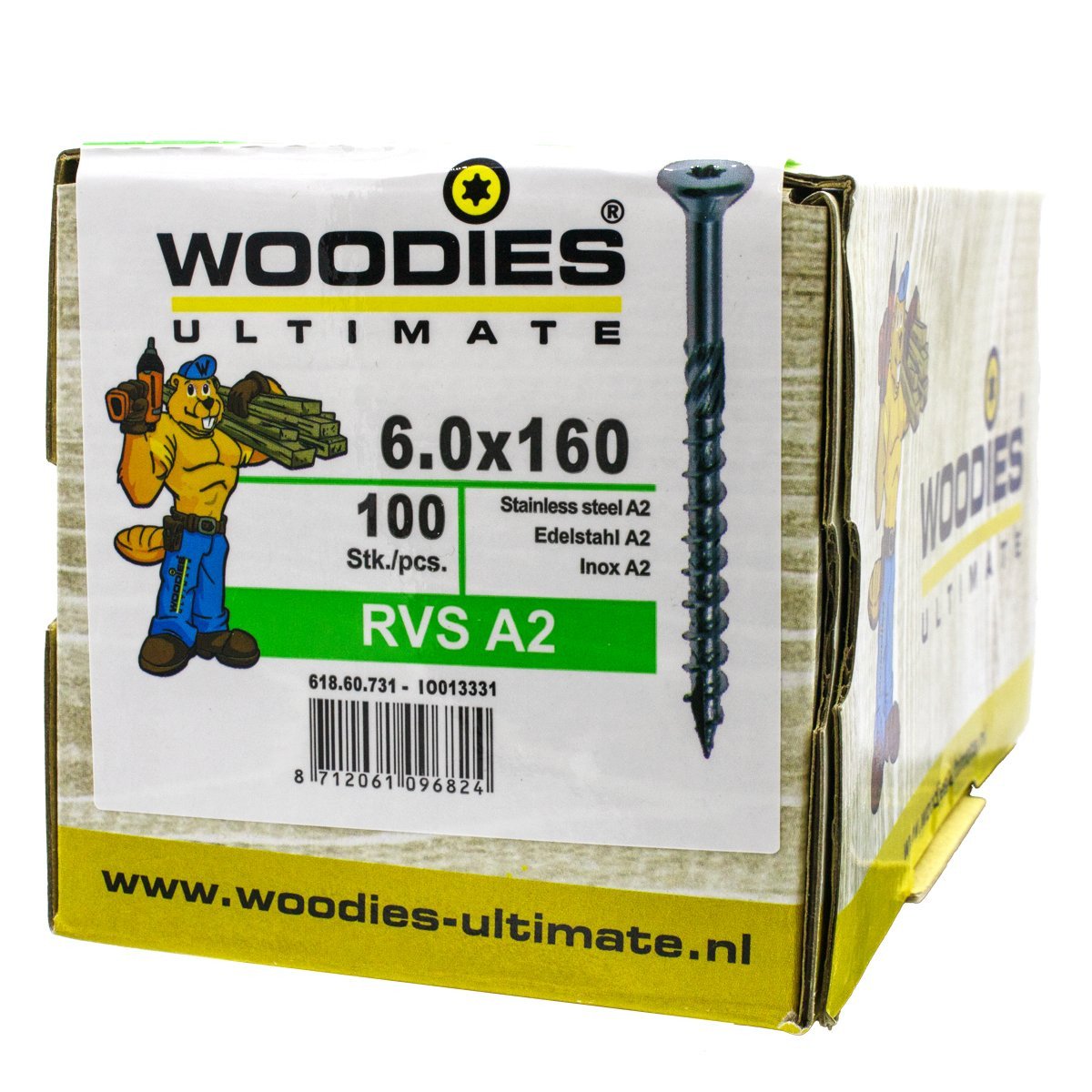 Alternatieve afbeelding voor Woodies schroeven RVS A2 TORX-30 platkop 6x160/70mm deeldraad 100 stuks