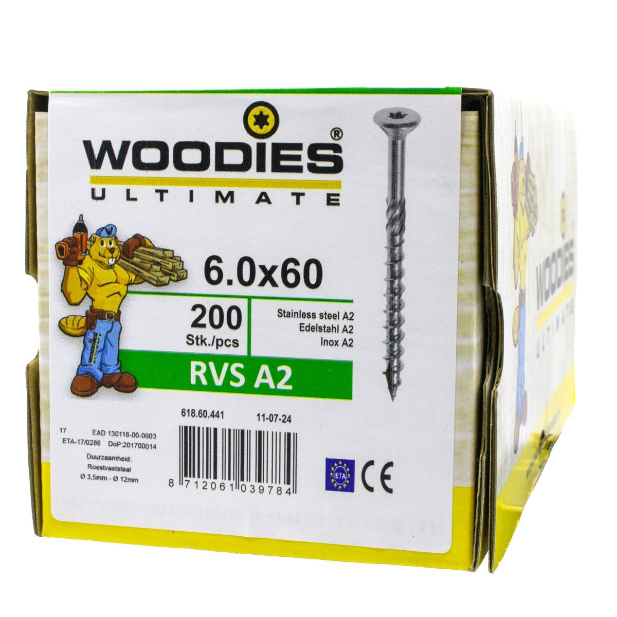 Alternatieve afbeelding voor Woodies schroeven RVS A2 TORX-30 platkop 6x60/35mm deeldraad 200 stuks