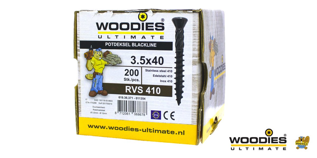 Alternatieve afbeelding voor Woodies potdekselschroeven Blackline RVS 410 zwart TORX-10 3,5x40 freeskop 200 stuks 