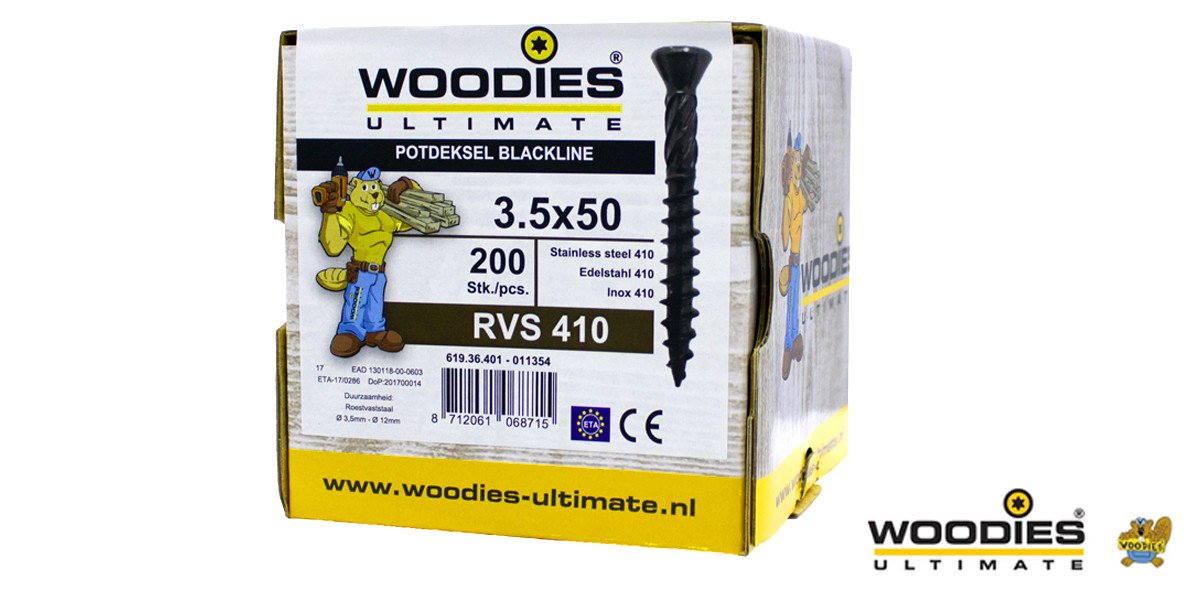 Alternatieve afbeelding voor Woodies potdekselschroeven Blackline RVS 410 zwart TORX-10 3,5x50 freeskop 200 stuks 