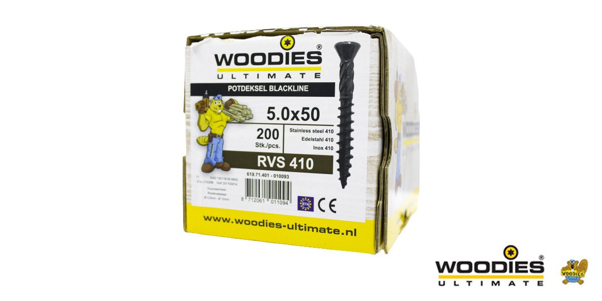 Alternatieve afbeelding voor Woodies potdekselschroeven Blackline RVS 410 zwart TORX-25 5x50 freeskop 200 stuks 