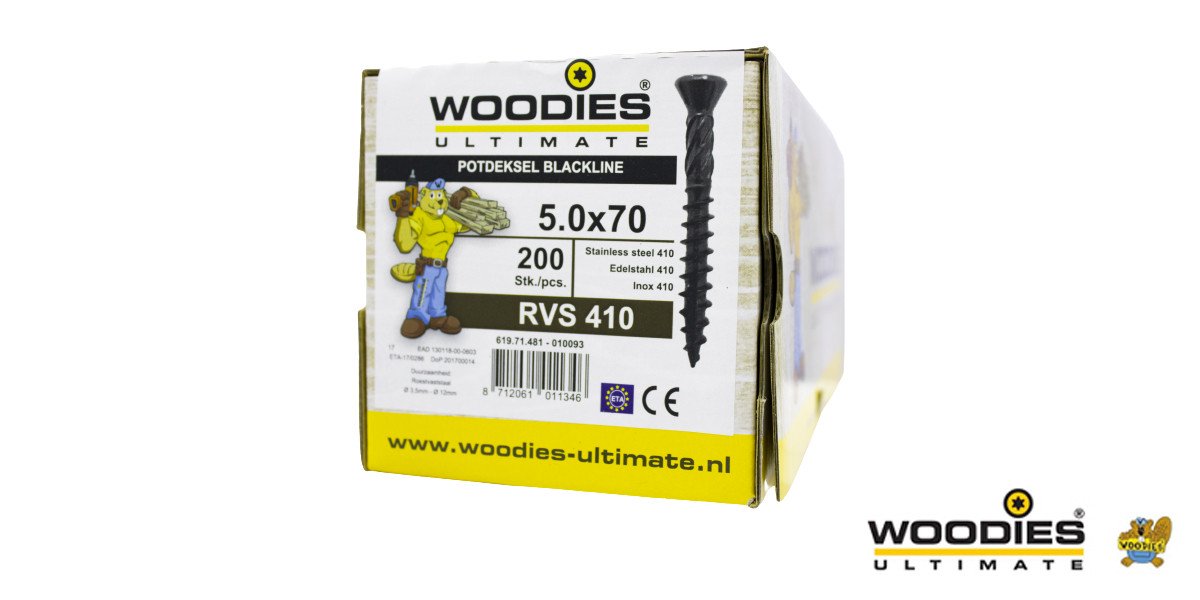 Alternatieve afbeelding voor Woodies potdekselschroeven Blackline RVS 410 zwart TORX-25 5x70 freeskop 200 stuks 