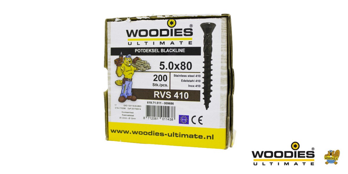 Alternatieve afbeelding voor Woodies potdekselschroeven Blackline RVS 410 zwart TORX-25 5x80 freeskop 200 stuks 