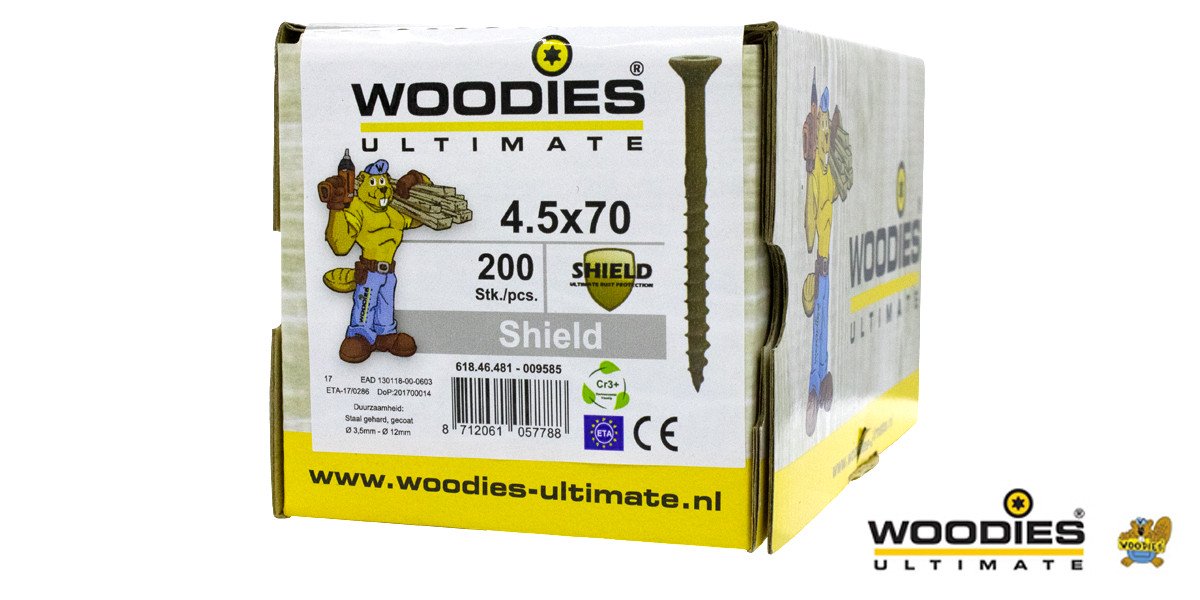 Alternatieve afbeelding voor Woodies schroeven platverzonken kop Shield TORX-20 4,5x70/40mm deeldraad 200 stuks