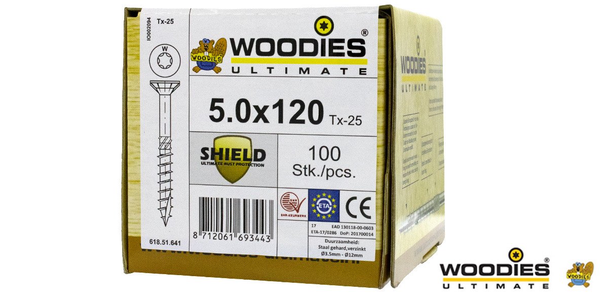 Alternatieve afbeelding voor Woodies schroeven platverzonken kop Shield TORX-25 5x120/70mm deeldraad 100 stuks