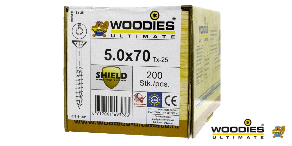 Alternatieve afbeelding voor Woodies schroeven platverzonken kop Shield TORX-25 5x70/40mm deeldraad 200 stuks