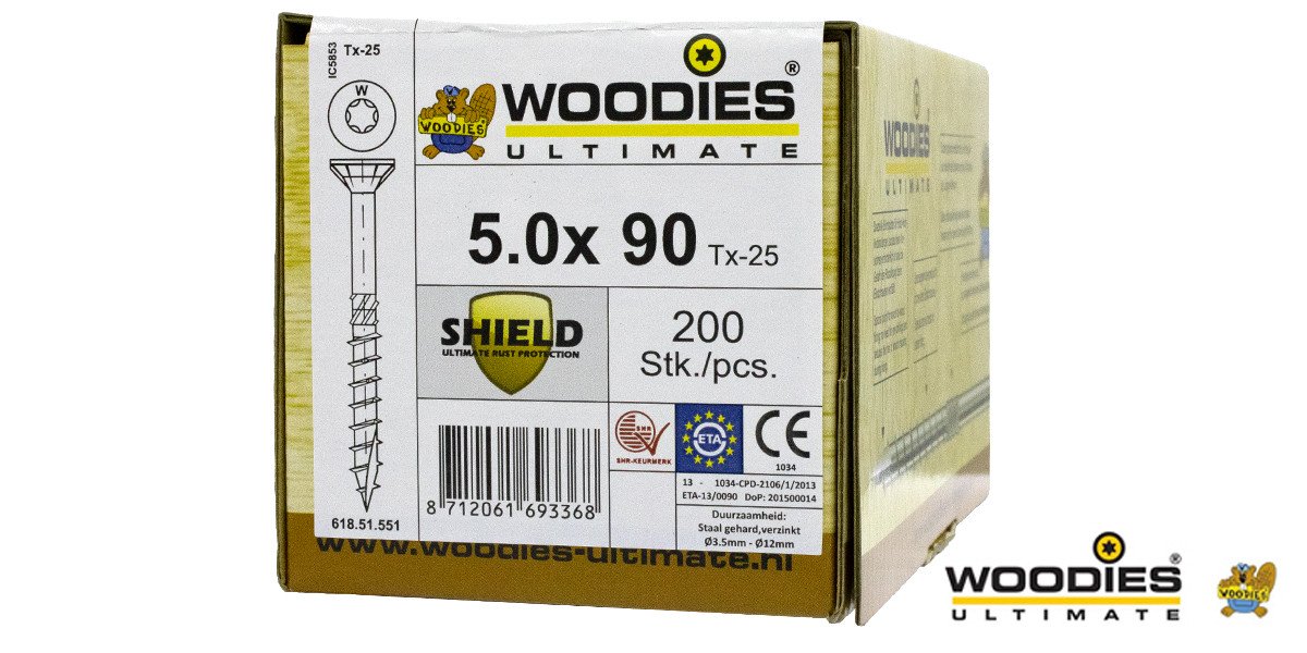 Alternatieve afbeelding voor Woodies schroeven platverzonken kop Shield TORX-25 5x90/55mm deeldraad 200 stuks