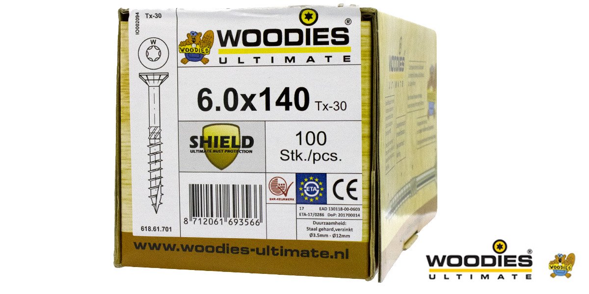 Alternatieve afbeelding voor Woodies schroeven platverzonken kop Shield TORX-25 6x140/70mm deeldraad 100 stuks
