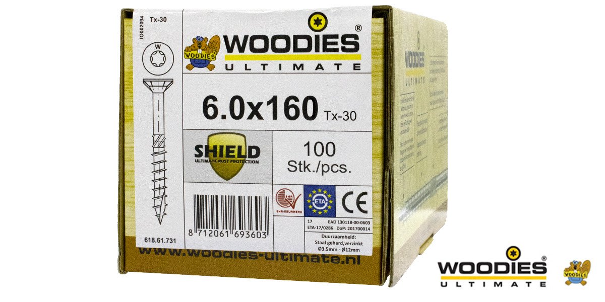 Alternatieve afbeelding voor Woodies schroeven platverzonken kop Shield TORX-25 6x160/70mm deeldraad 100 stuks