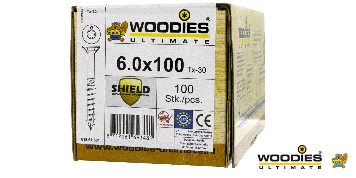 Alternatieve afbeelding voor Woodies schroeven platverzonken kop Shield TORX-30 6x100/60mm deeldraad 100 stuks