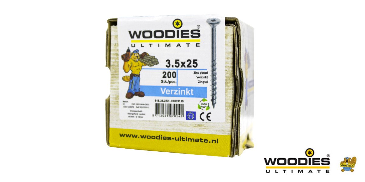 Alternatieve afbeelding voor Woodies schroeven verzinkt TORX-15 platkop 3,5x25/15mm deeldraad 200 stuks