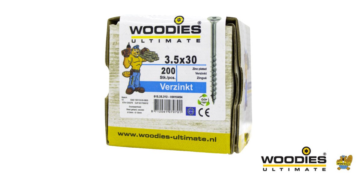 Alternatieve afbeelding voor Woodies schroeven verzinkt TORX-15 platkop 3,5x30/18mm deeldraad 200 stuks