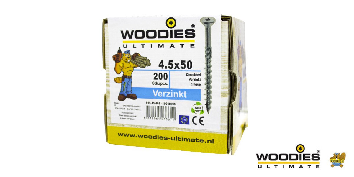 Alternatieve afbeelding voor Woodies schroeven verzinkt TORX-20 platkop 4,5x50/30mm deeldraad 200 stuks