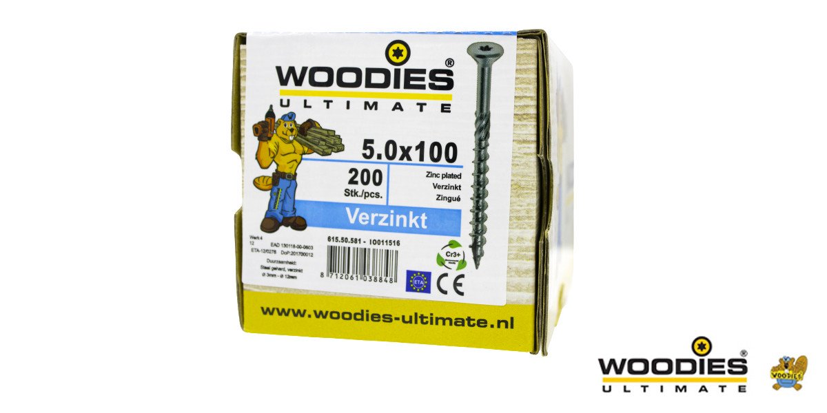 Alternatieve afbeelding voor Woodies schroeven verzinkt TORX-20 platkop 5x100/60mm deeldraad 200 stuks