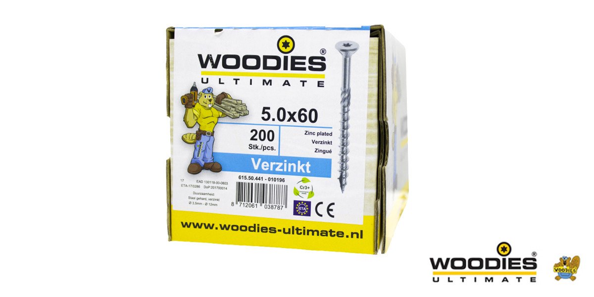 Alternatieve afbeelding voor Woodies schroeven verzinkt TORX-20 platkop 5x60/35mm deeldraad 200 stuks
