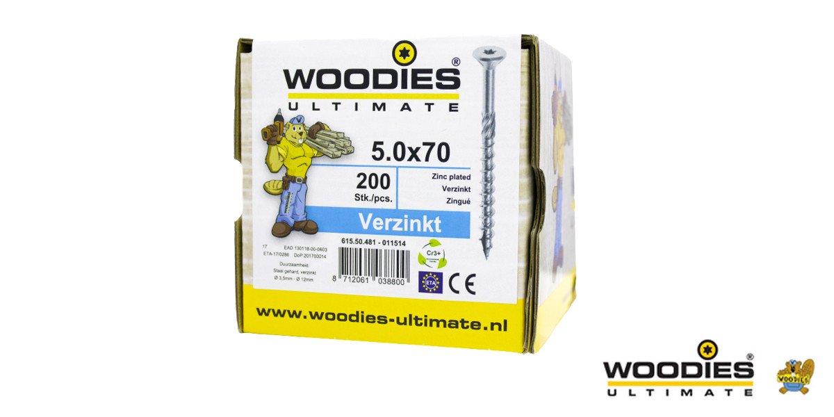 Alternatieve afbeelding voor Woodies schroeven verzinkt TORX-20 platkop 5x70/40mm deeldraad 200 stuks
