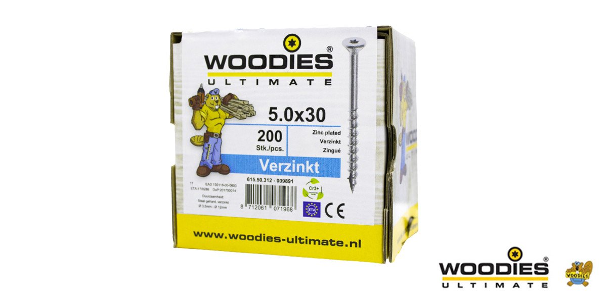 Alternatieve afbeelding voor Woodies schroeven verzinkt TORX-25 platkop 5x30/18mm deeldraad 200 stuks
