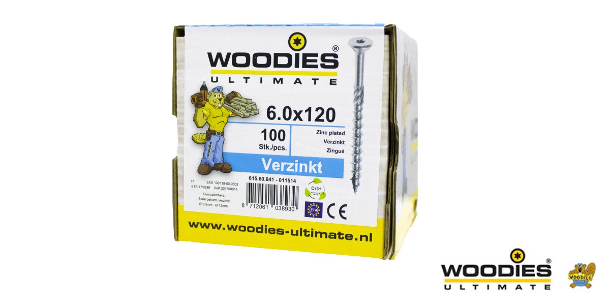 Alternatieve afbeelding voor Woodies schroeven verzinkt TORX-30 platkop 6x120/70mm deeldraad 100 stuks