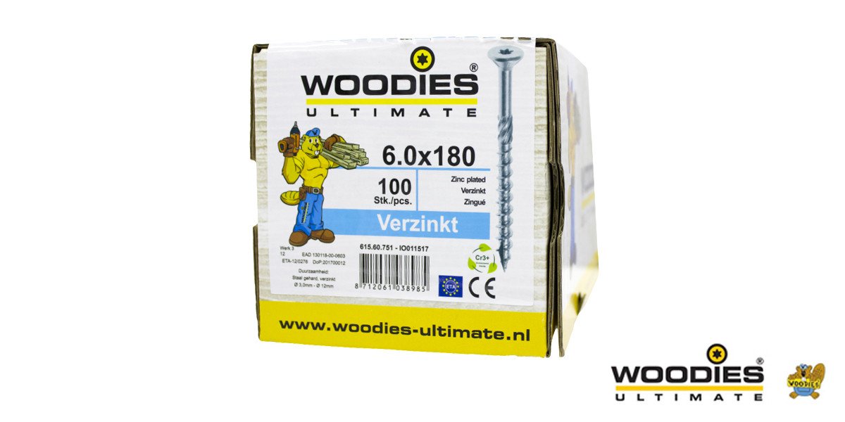 Alternatieve afbeelding voor Woodies schroeven verzinkt TORX-30 platkop 6x180/70mm deeldraad 100 stuks