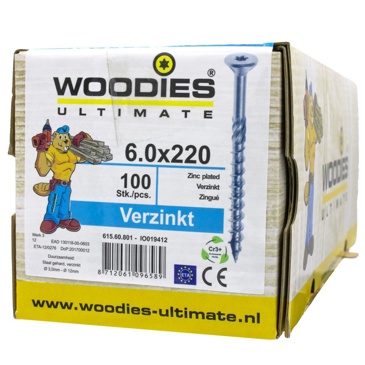 Alternatieve afbeelding voor Woodies schroeven verzinkt TORX-30 platkop 6x220/70mm deeldraad 100 stuks
