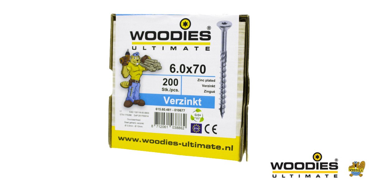 Alternatieve afbeelding voor Woodies schroeven verzinkt TORX-30 platkop 6x70/40mm deeldraad 200 stuks