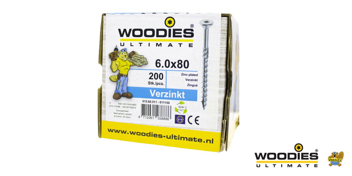 Alternatieve afbeelding voor Woodies schroeven verzinkt TORX-30 platkop 6x80/50mm deeldraad 200 stuks