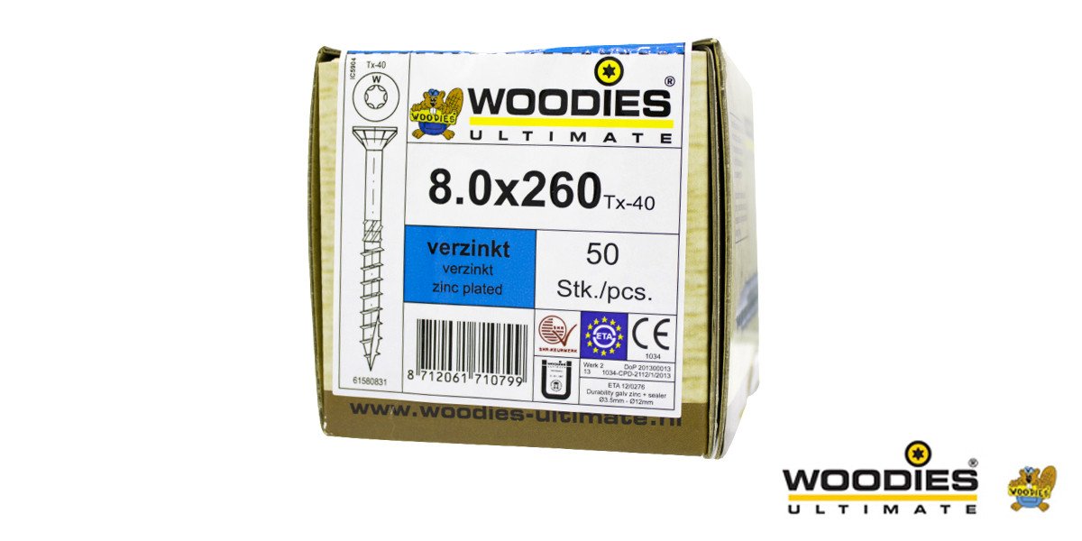 Alternatieve afbeelding voor Woodies schroeven verzinkt TORX-40 platkop 8x260/80mm deeldraad 50 stuks