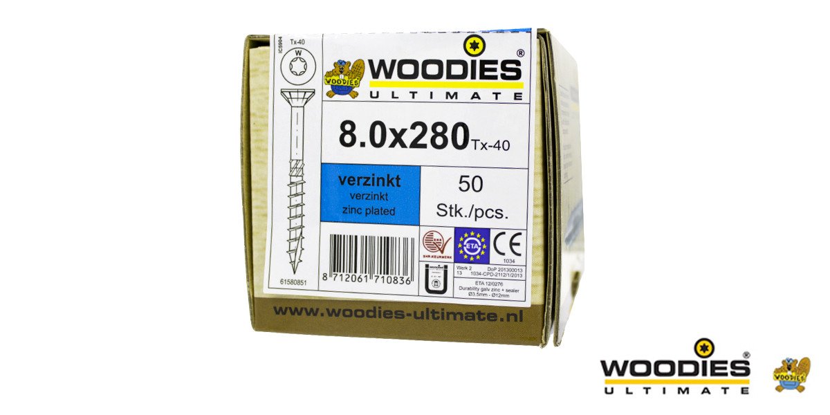 Alternatieve afbeelding voor Woodies schroeven verzinkt TORX-40 platkop 8x280/80mm deeldraad 50 stuks