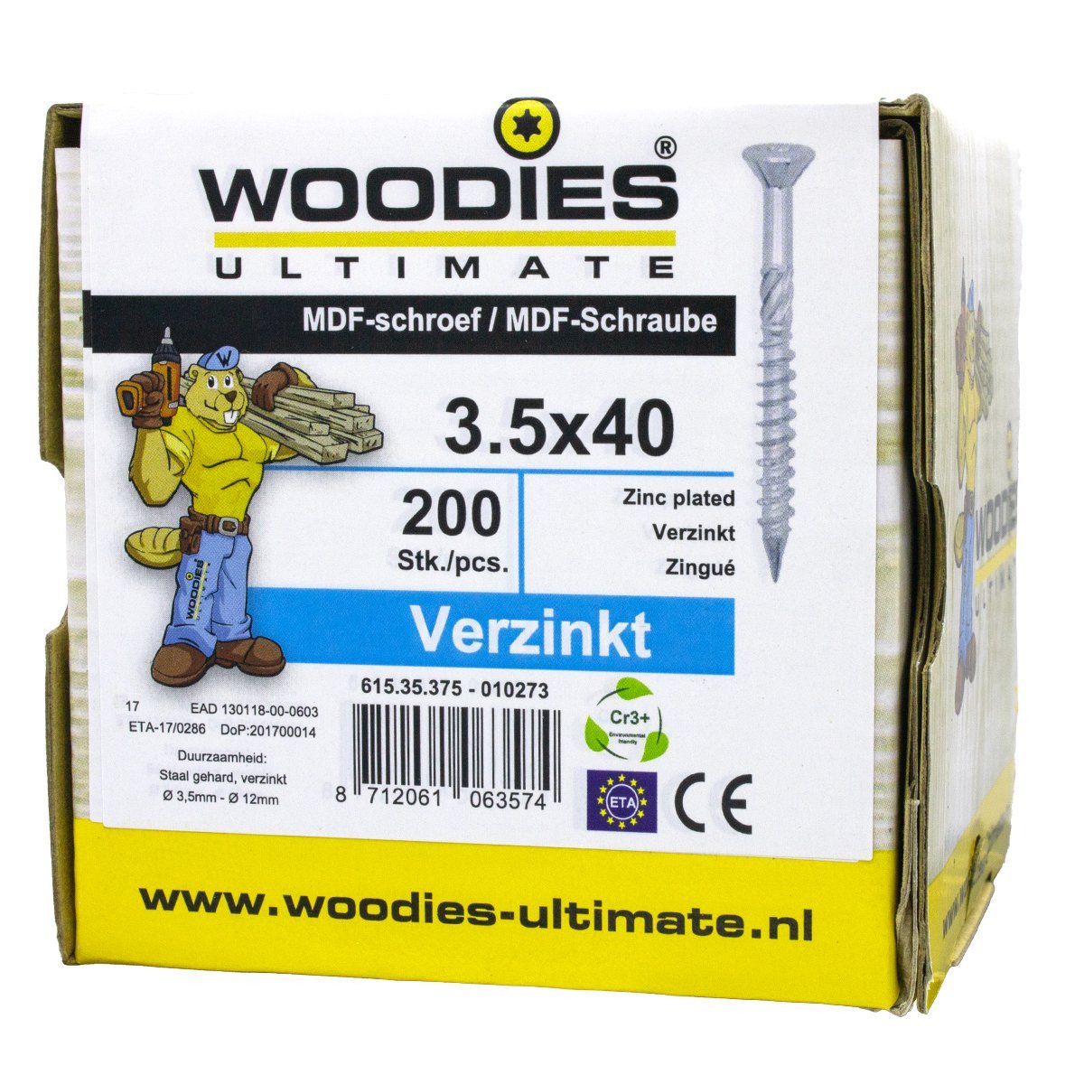 Alternatieve afbeelding voor Woodies MDF-schroeven verzinkt TORX-15 platkop 3,5x40/24mm deeldraad 200 stuks