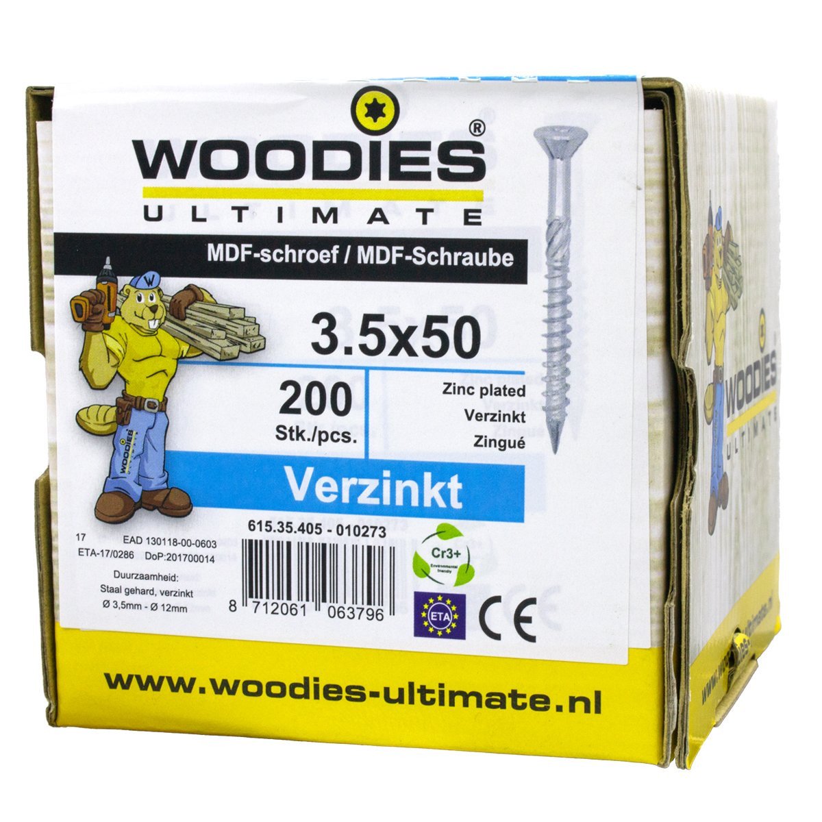 Alternatieve afbeelding voor Woodies MDF-schroeven verzinkt TORX-15 platkop 3,5x50/30mm deeldraad 200 stuks