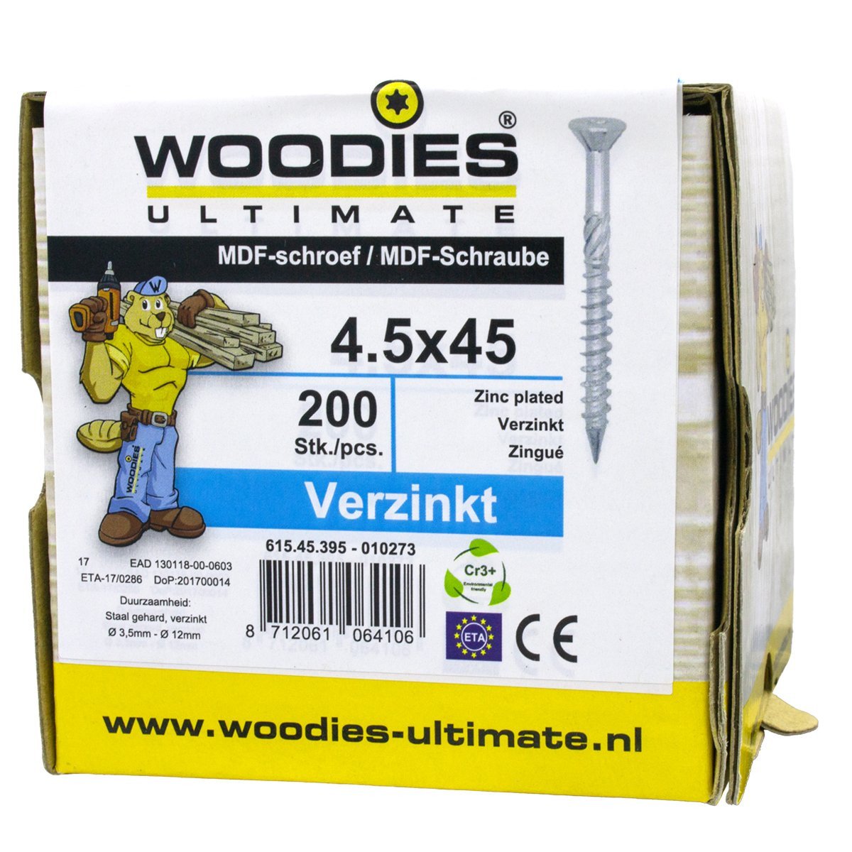 Alternatieve afbeelding voor Woodies MDF-schroeven verzinkt TORX-15 platkop 4,5x45/27mm deeldraad 200 stuks