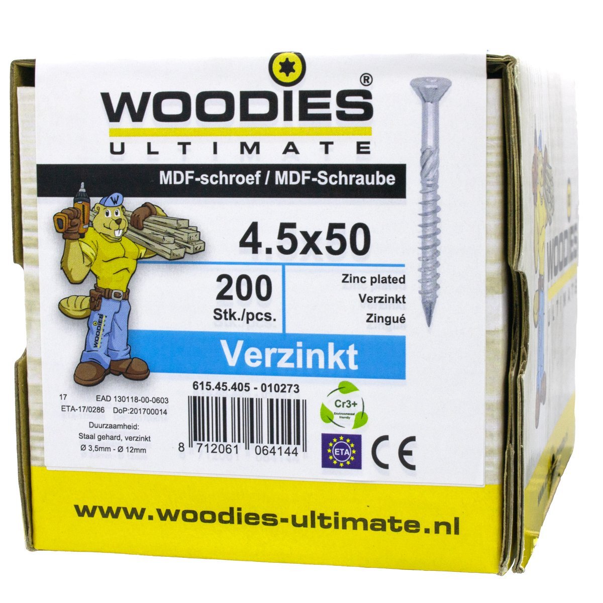 Alternatieve afbeelding voor Woodies MDF-schroeven verzinkt TORX-15 platkop 4,5x50/30mm deeldraad 200 stuks