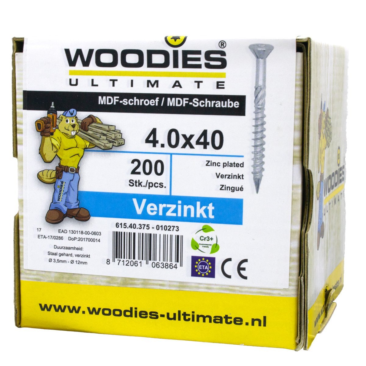 Alternatieve afbeelding voor Woodies MDF-schroeven verzinkt TORX-15 platkop 4x40/24mm deeldraad 200 stuks