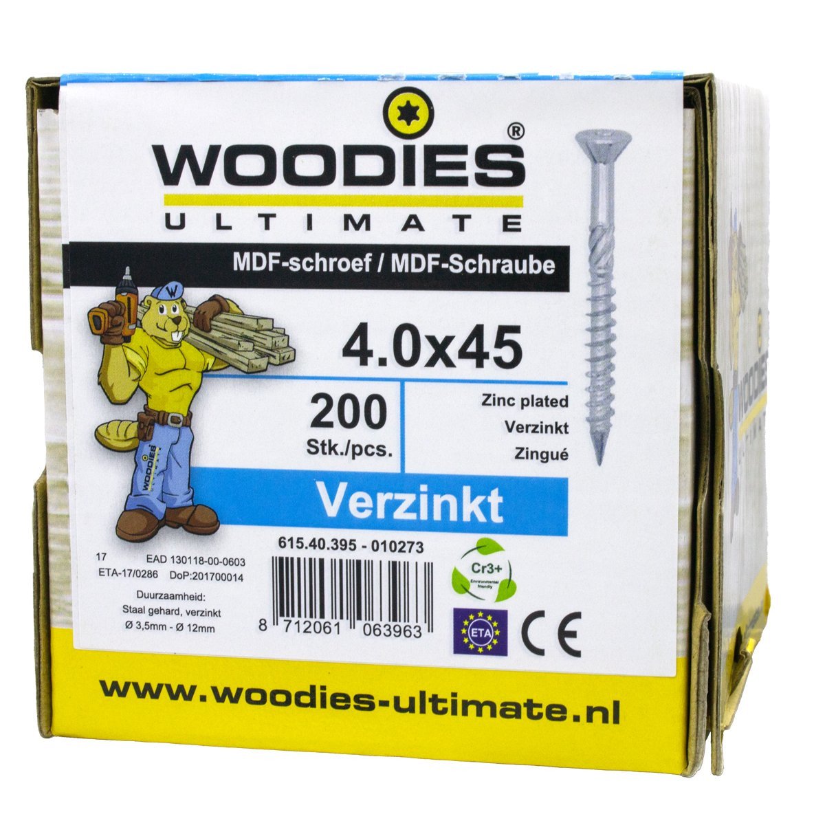 Alternatieve afbeelding voor Woodies MDF-schroeven verzinkt TORX-15 platkop 4x45/27mm deeldraad 200 stuks