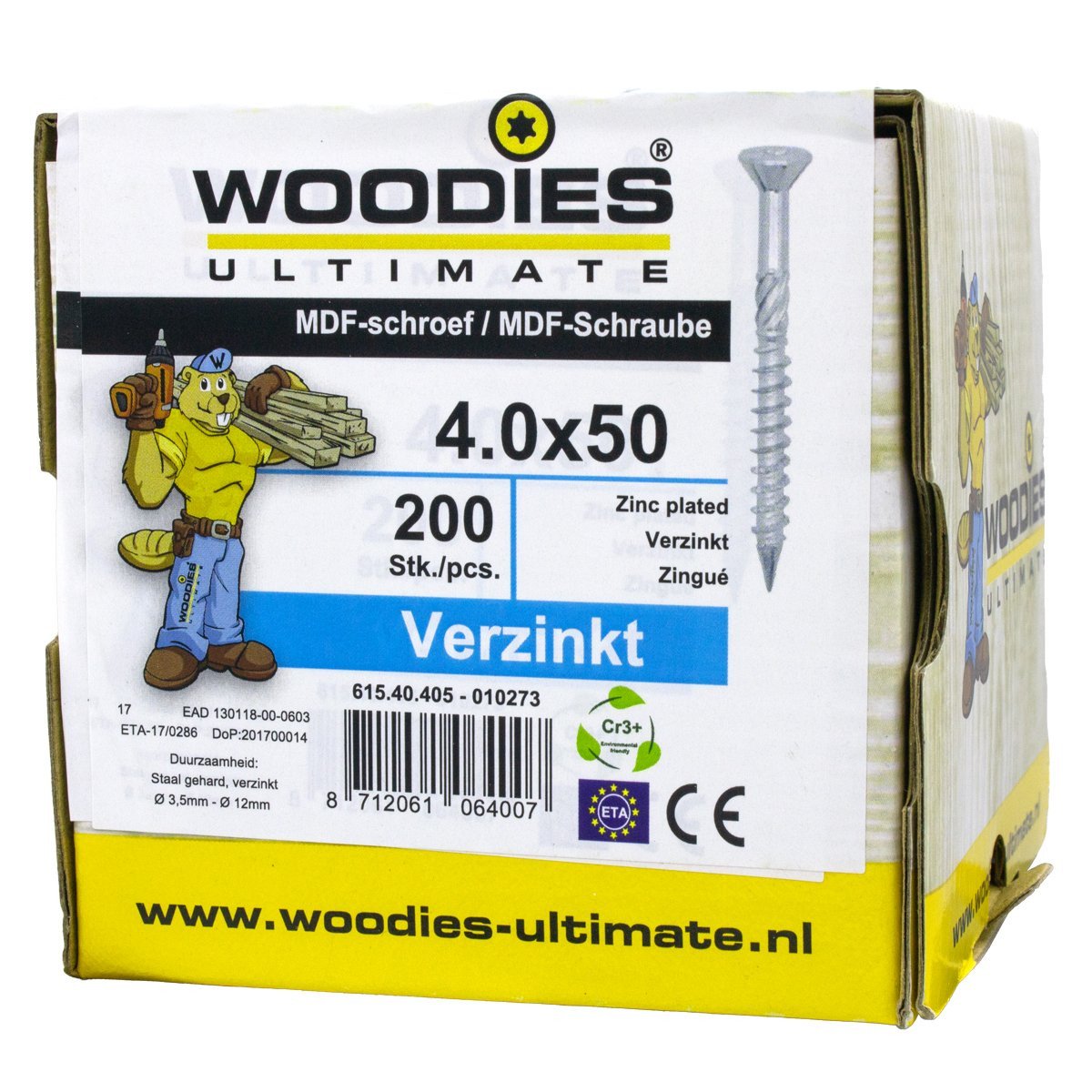 Alternatieve afbeelding voor Woodies MDF-schroeven verzinkt TORX-15 platkop 4x50/30mm deeldraad 200 stuks