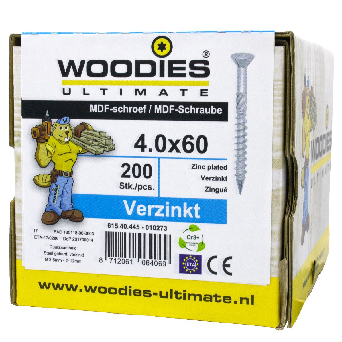Alternatieve afbeelding voor Woodies MDF-schroeven verzinkt TORX-15 platkop 4x60/35mm deeldraad 200 stuks
