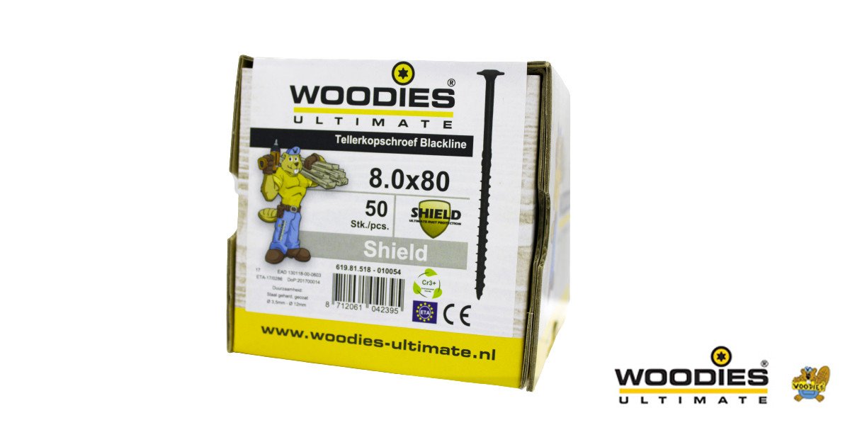 Alternatieve afbeelding voor Woodies Tellerkopschroeven Blackline Shield TORX-40 8x80/50mm deeldraad 50 stuks