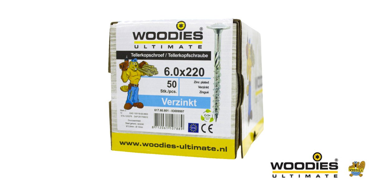 Alternatieve afbeelding voor Woodies Tellerkopschroeven TORX-30 verzinkt 6x220/80mm deeldraad 50 stuks