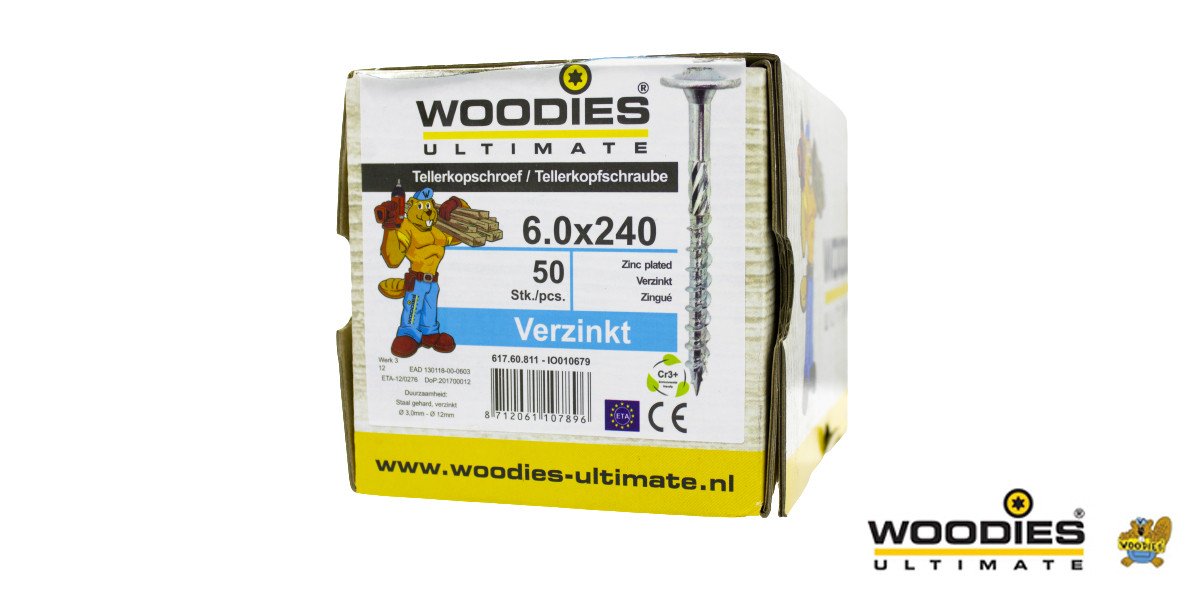 Alternatieve afbeelding voor Woodies Tellerkopschroeven TORX-30 verzinkt 6x240/80mm deeldraad 50 stuks