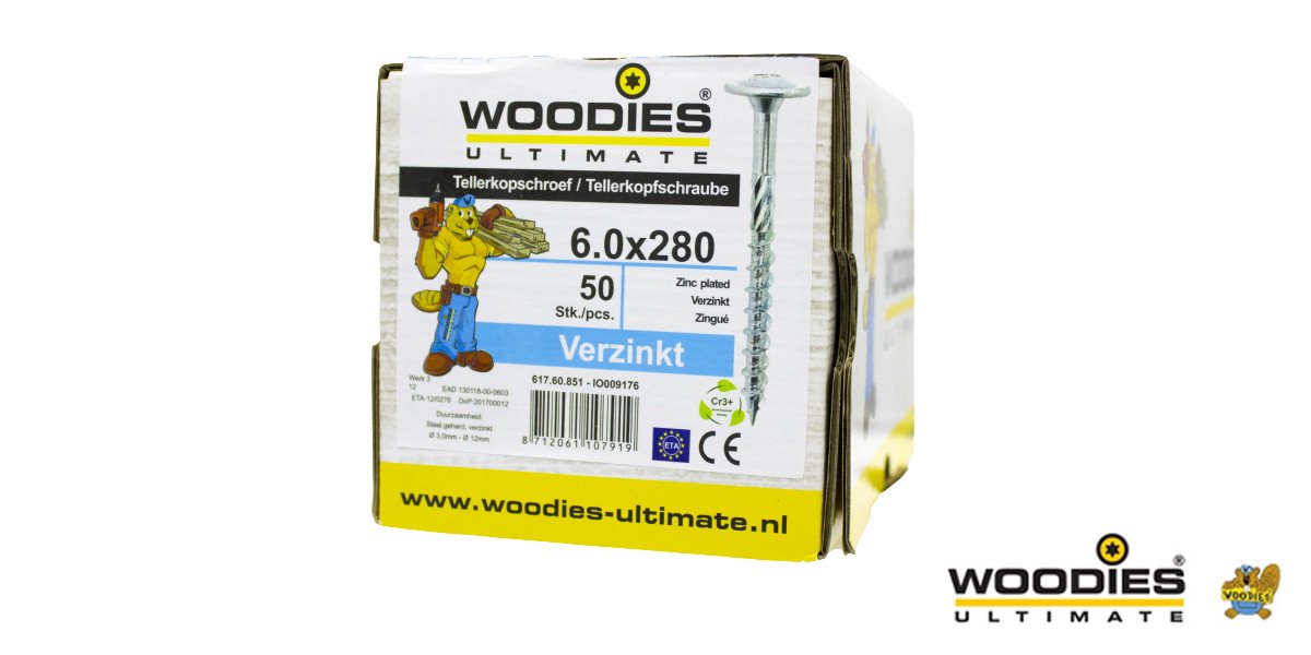 Alternatieve afbeelding voor Woodies Tellerkopschroeven TORX-30 verzinkt 6x280/80mm deeldraad 50 stuks