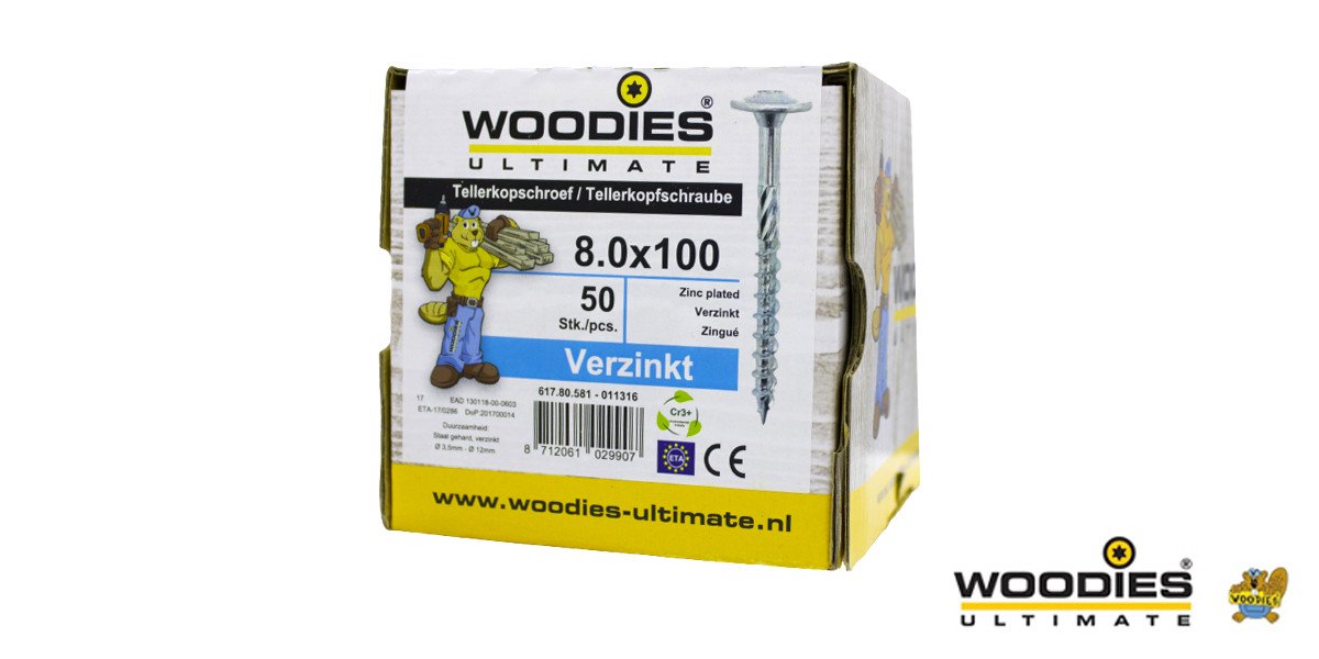 Alternatieve afbeelding voor Woodies Tellerkopschroeven TORX-40 verzinkt 8x100/60mm deeldraad 50 stuks