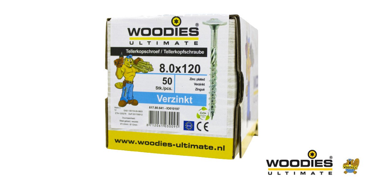 Alternatieve afbeelding voor Woodies Tellerkopschroeven TORX-40 verzinkt 8x120/80mm deeldraad 50 stuks