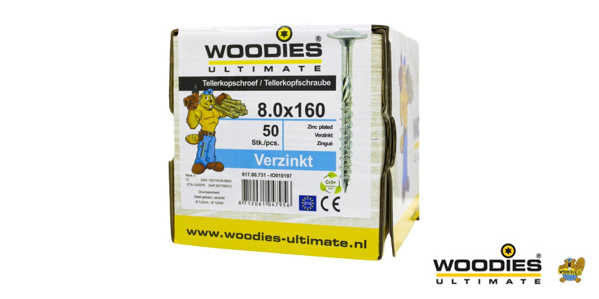 Alternatieve afbeelding voor Woodies Tellerkopschroeven TORX-40 verzinkt 8x160/80mm deeldraad 50 stuks