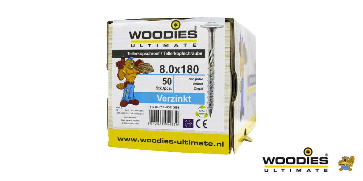 Alternatieve afbeelding voor Woodies Tellerkopschroeven TORX-40 verzinkt 8x180/80mm deeldraad 50 stuks