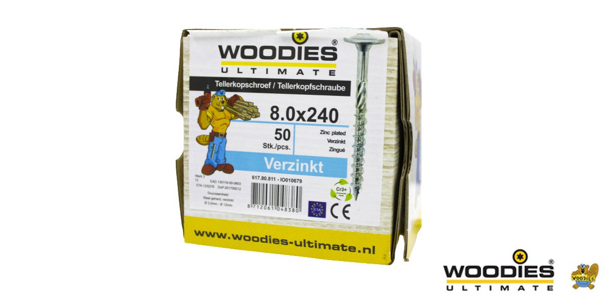Alternatieve afbeelding voor Woodies Tellerkopschroeven TORX-40 verzinkt 8x240/80mm deeldraad 50 stuks