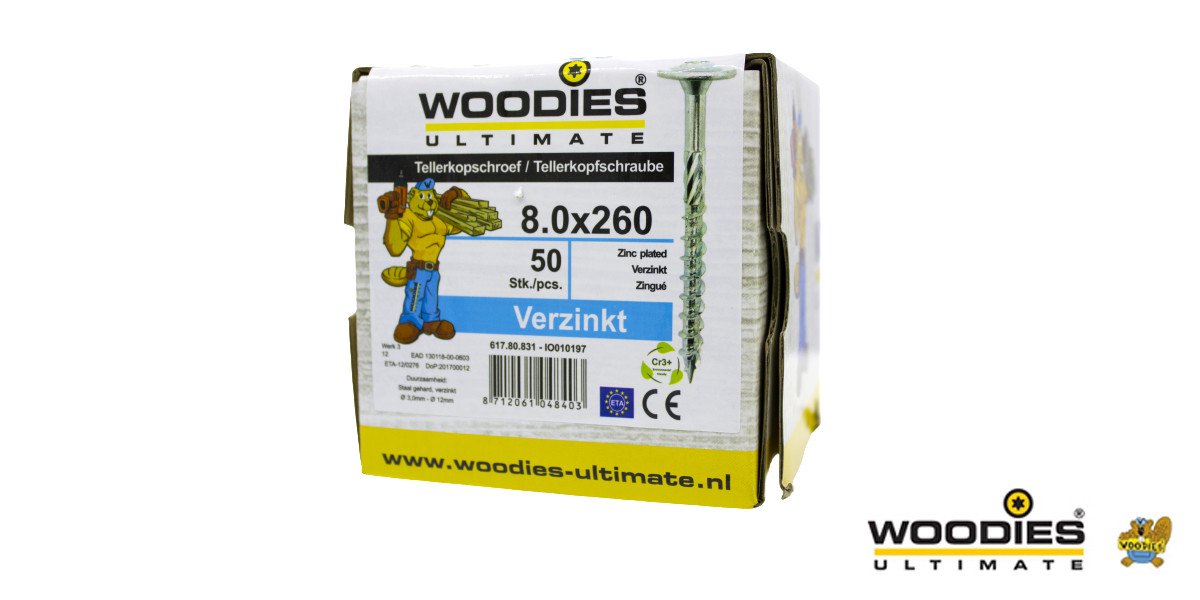 Alternatieve afbeelding voor Woodies Tellerkopschroeven TORX-40 verzinkt 8x260/80mm deeldraad 50 stuks