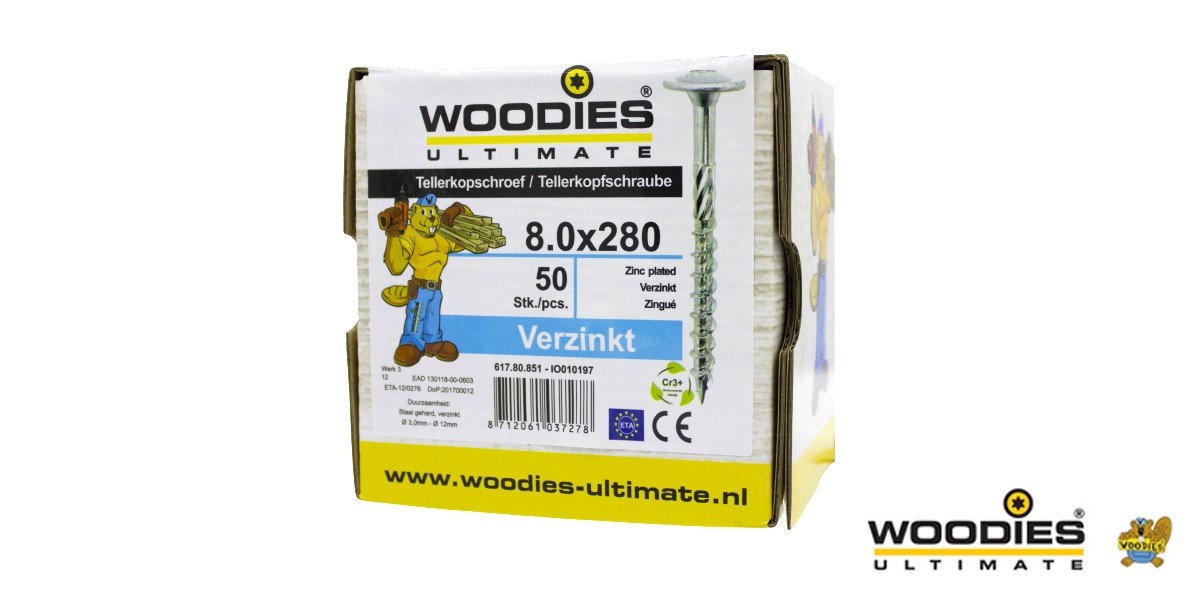 Alternatieve afbeelding voor Woodies Tellerkopschroeven TORX-40 verzinkt 8x280/80mm deeldraad 50 stuks